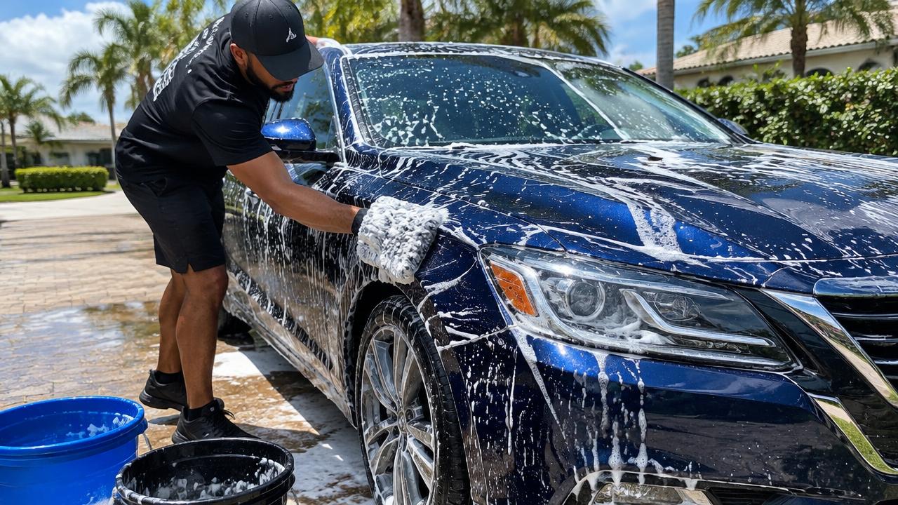 Detailer hand washing a blue sedan with foam and a microfiber mitt in a Broward driveway