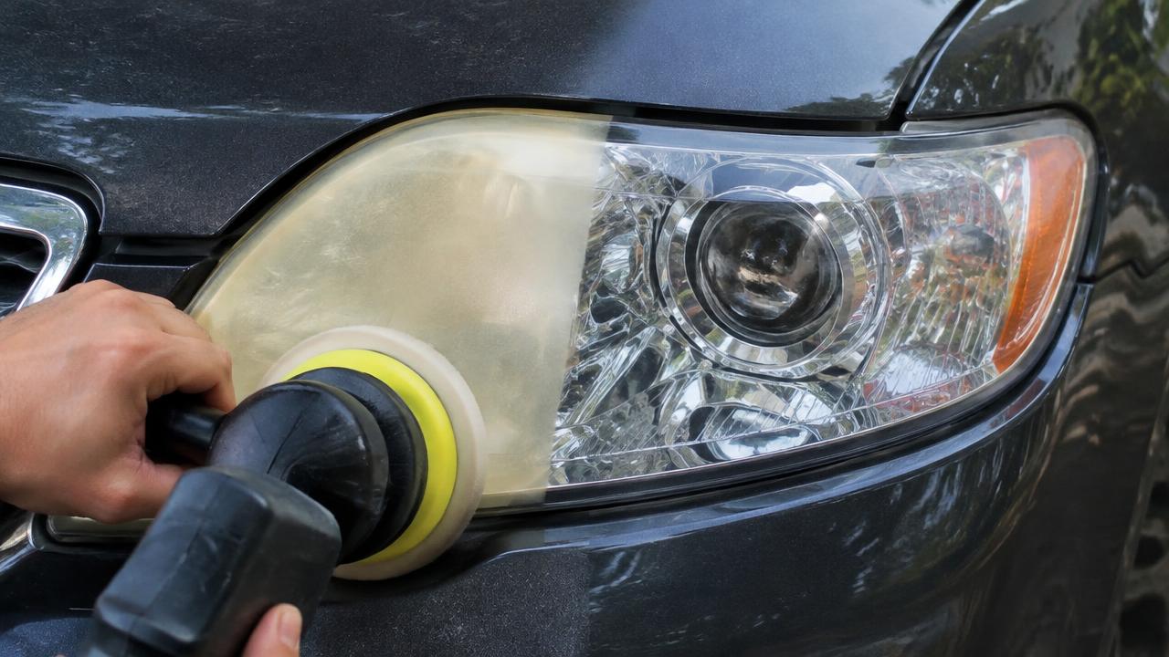 Yellowed headlight half polished back to clear