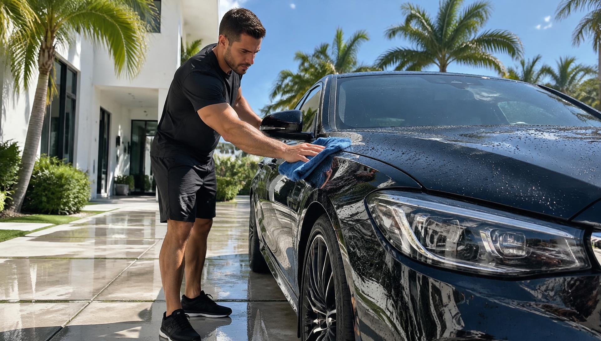 Detailer hand drying a glossy black car in a sunny Broward County driveway