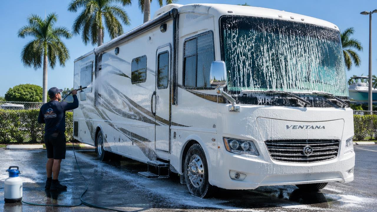 White RV motorhome being foam washed in a sunny South Florida lot