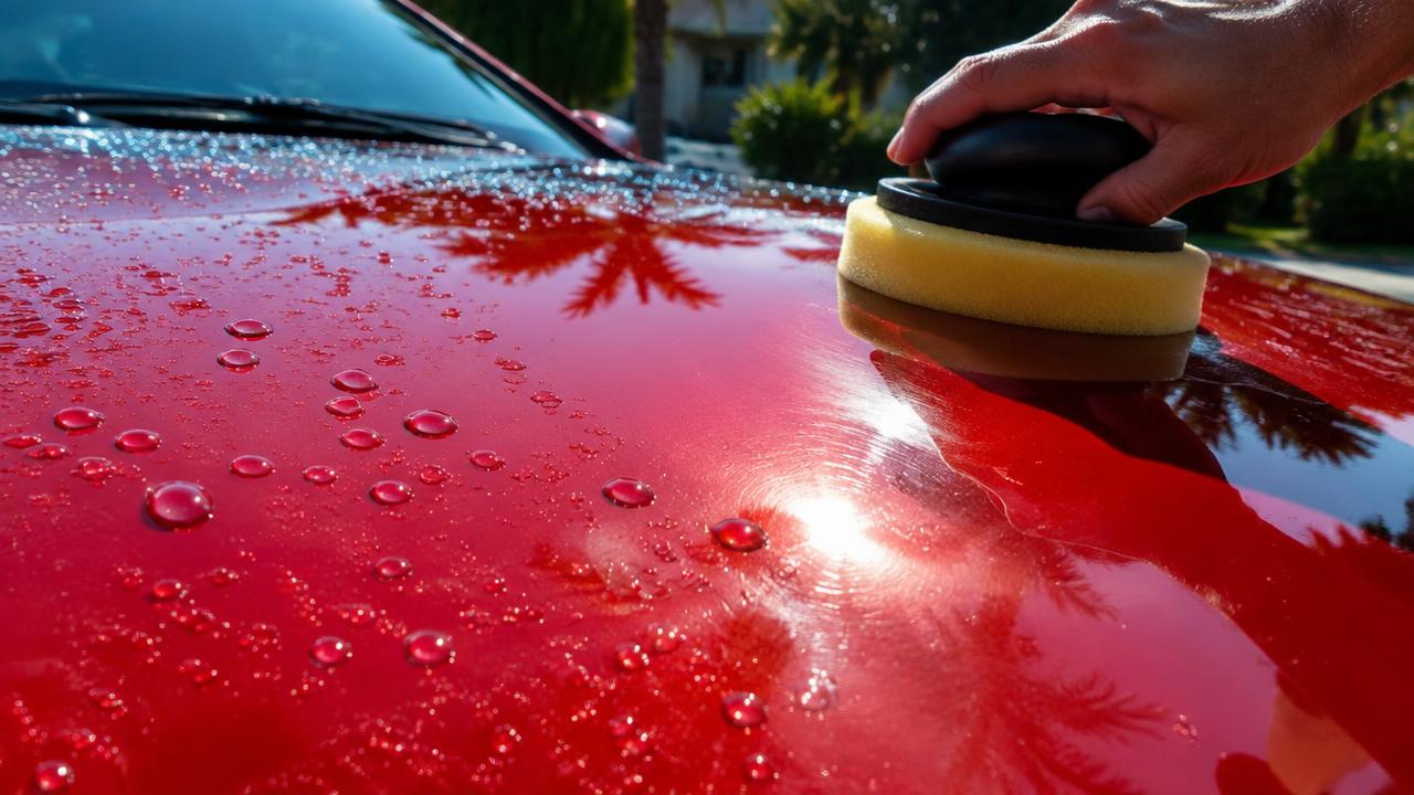 Water beading on a freshly waxed red car hood as a pad buffs the wax