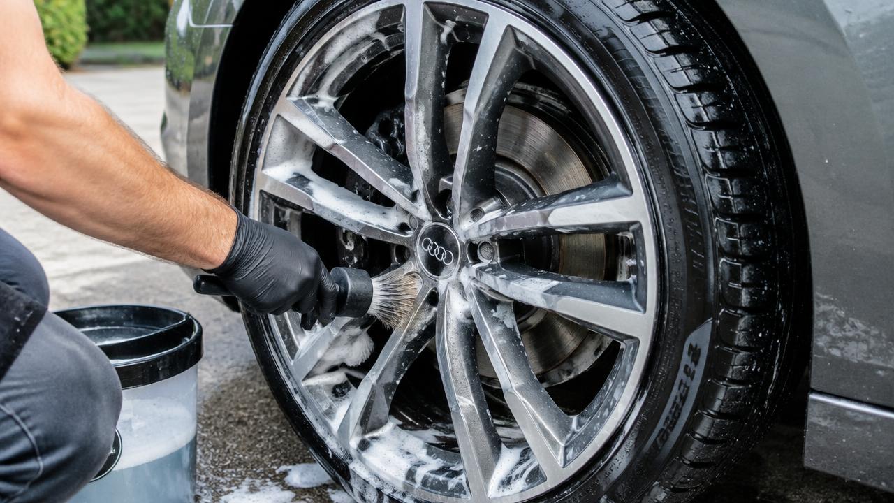 Detailer scrubbing an alloy wheel with a soft brush and foamy cleaner